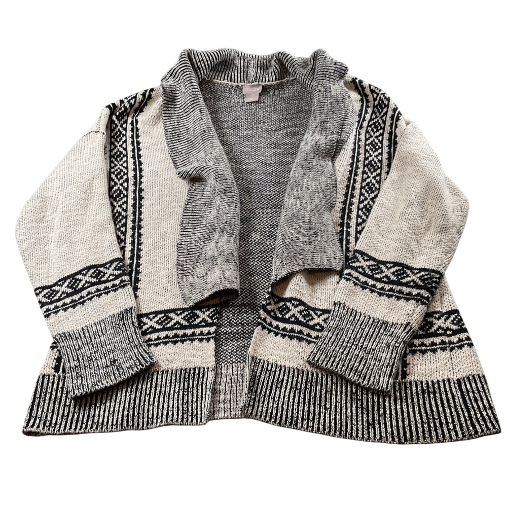 Chico's Women's Cardigan Sweater Size 1 M Black‎ White Pattern Open Front